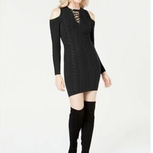 NWT $108 GUESS Allison Cold-Shoulder Laced Rib Mix Sweater Dress Black XS